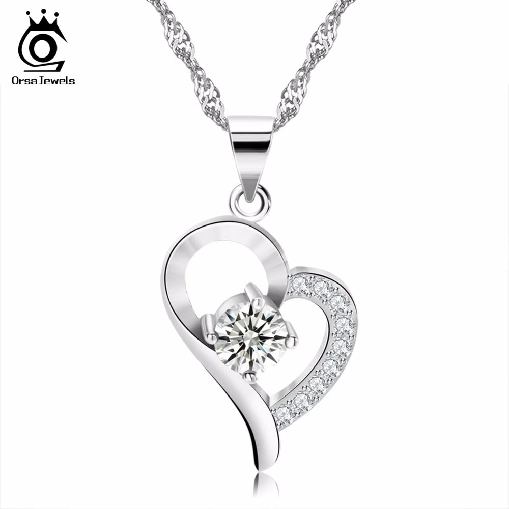 ORSA JEWELS Silver Heart Pedant Necklace Crystal Inserted Silver Color  Women Jewelry for Valentine's Day Gift of Lover ON19