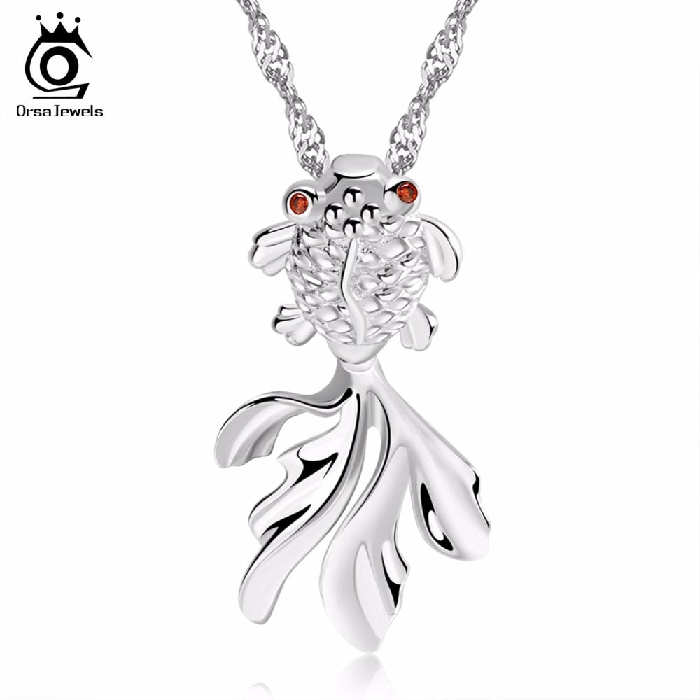 ORSA JEWELS Cute Goldfish Pedant with Red Crystal Eyes Silver Color Pendant Necklaces Jewelry for Women Wholesale ON17