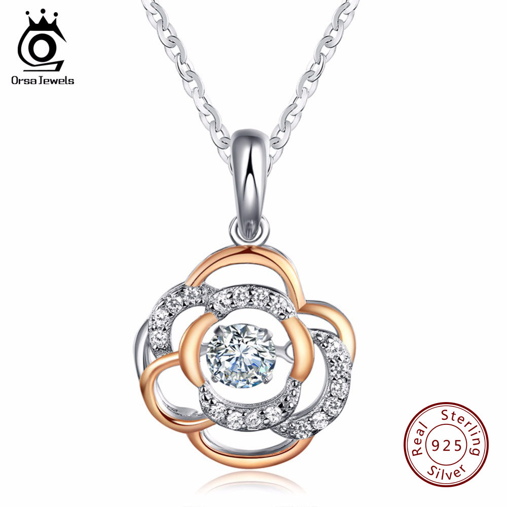 ORSA JEWELS 925 Sterling Silver Flower Pendant Necklace with 0.3 ct Shiny Cubic Zirconia mixed Rose Gold Color Necklaces SN12