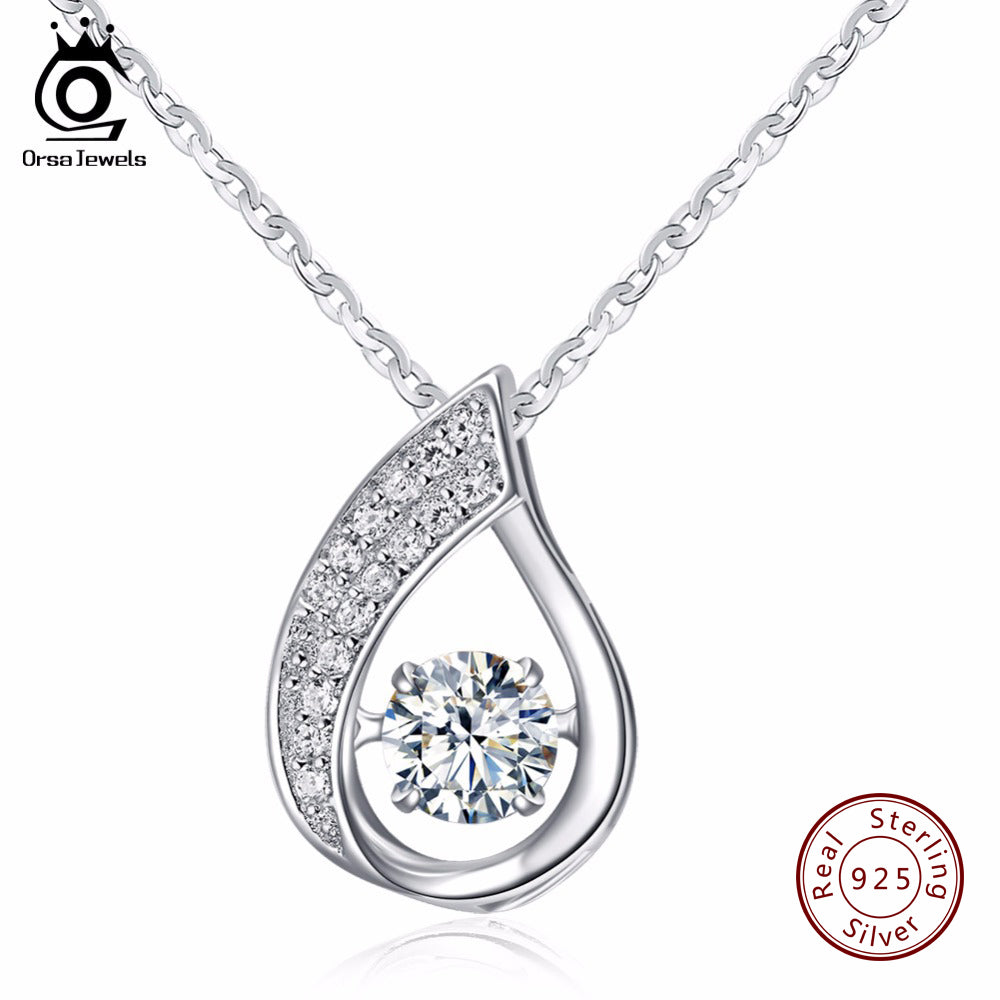 ORSA JEWELS 100% Sterling Silver 925 Water-Drop Pendant Necklace with Movable Shiny Cubic Zirconia Genuine Silver Jewelry SN41