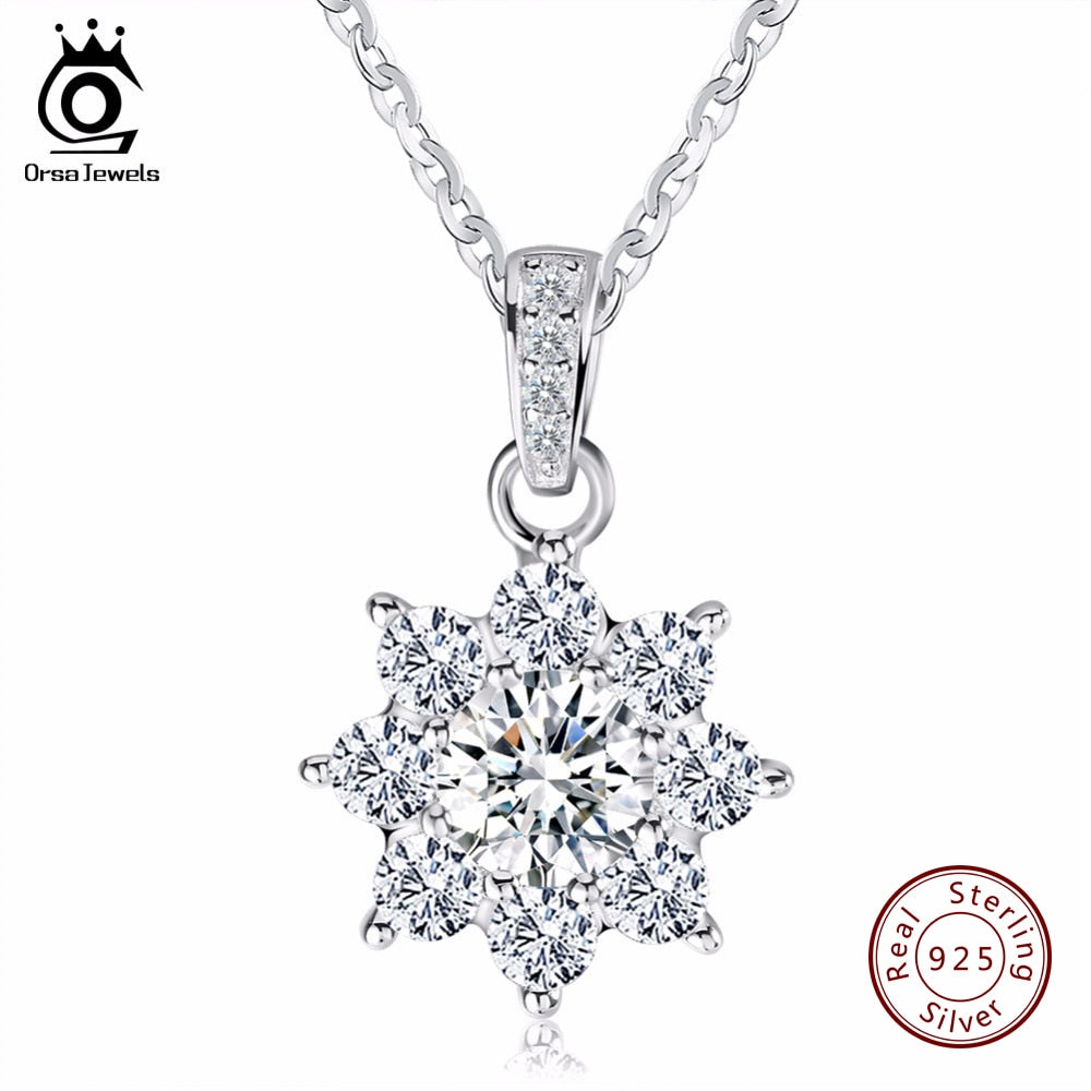 ORSA JEWELS Luxury Crystal Snowflake Pendants&Necklaces Genuine 925 Sterling Silver Necklace Gift for Women SN44