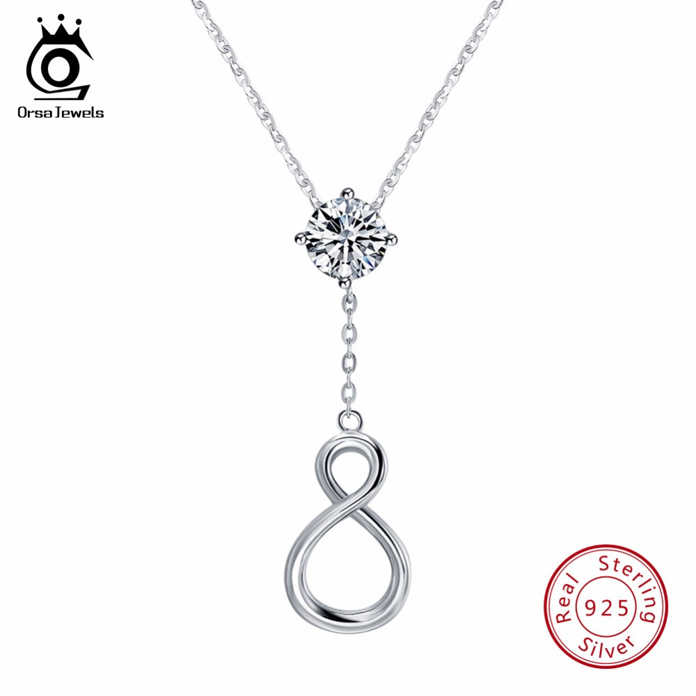 ORSA JEWELS Real Solid 925 Sterling Silver Women Necklace Infinity Sign AAA CZ 37mm Pendant With Chain Female Party Jewelry SN78