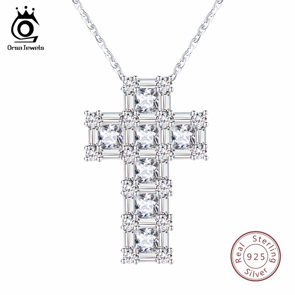 ORSA JEWELS 100% Real Sterling Silver Pendant & Necklace For Women AAA CZ Prong Setting Cross Shape Male Fine 925 Jewelry SN65