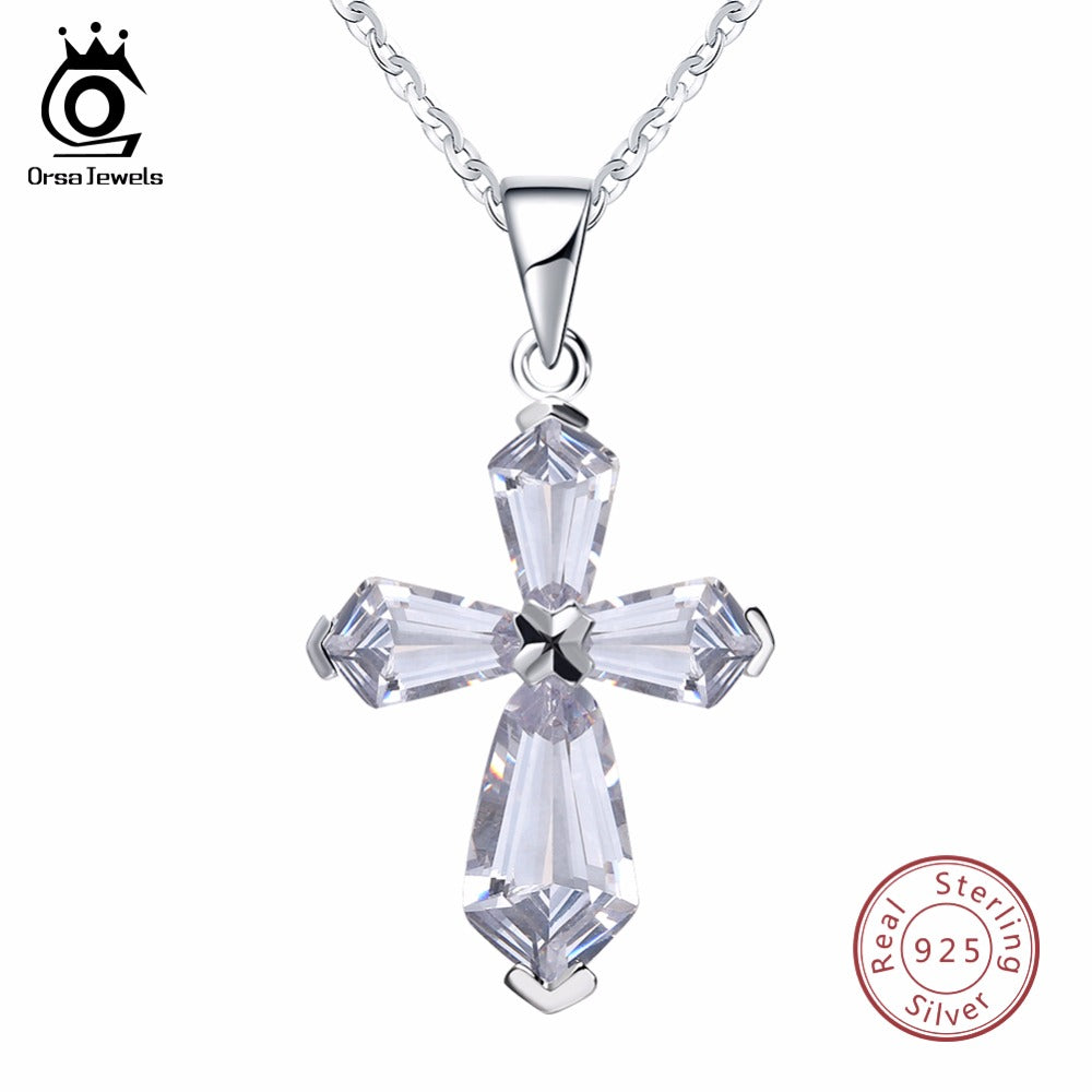 ORSA JEWELS Genuine 925 Sterling Silver Women Pendant & Necklace With Chain Cross Shape AAA CZ Female Wedding Party Jewelry SN66