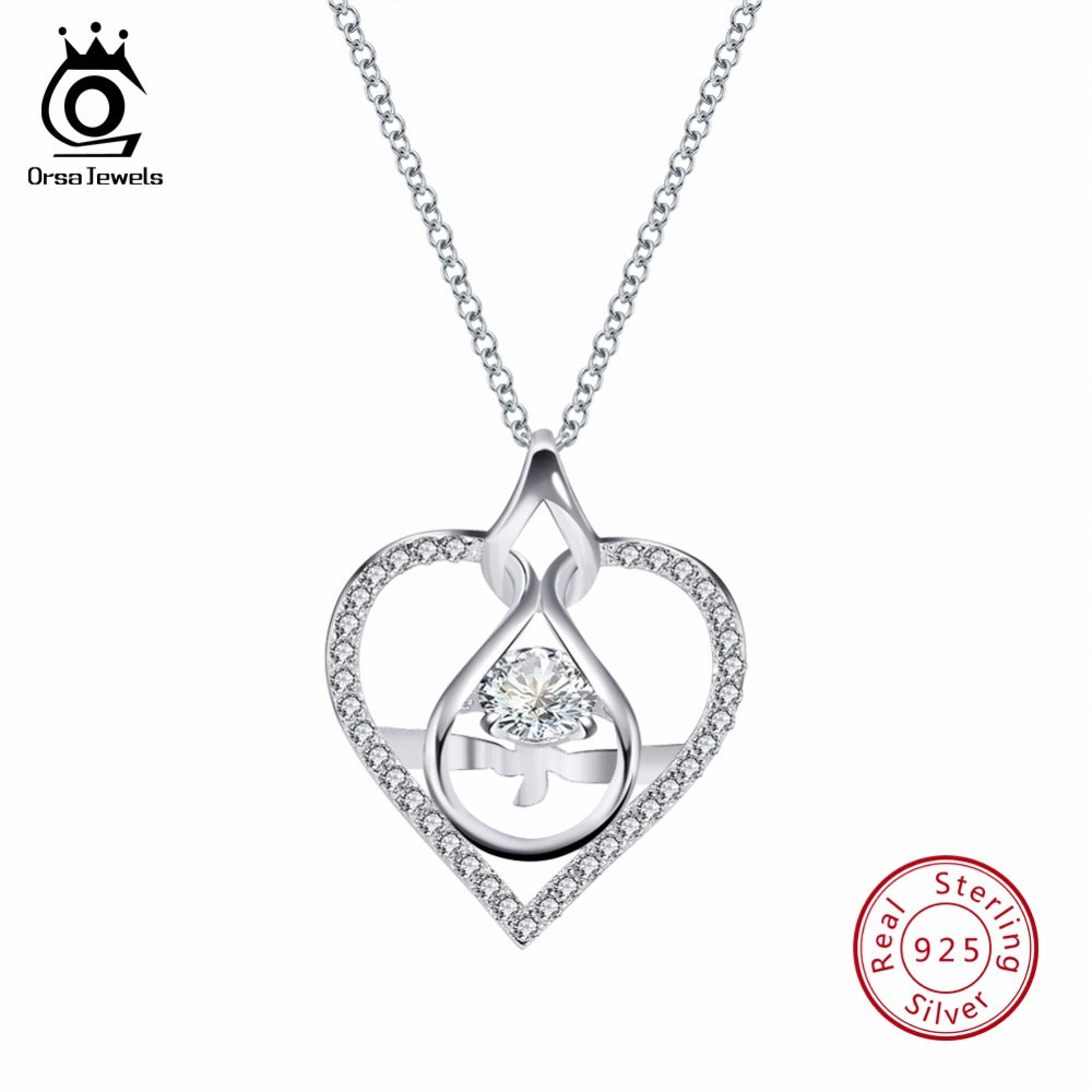 ORSA JEWELS 100% Solid 925 Sterling Silver Pendant With AAA CZ Heart Shape Necklace 45CM China Women Party Jewelry SN81