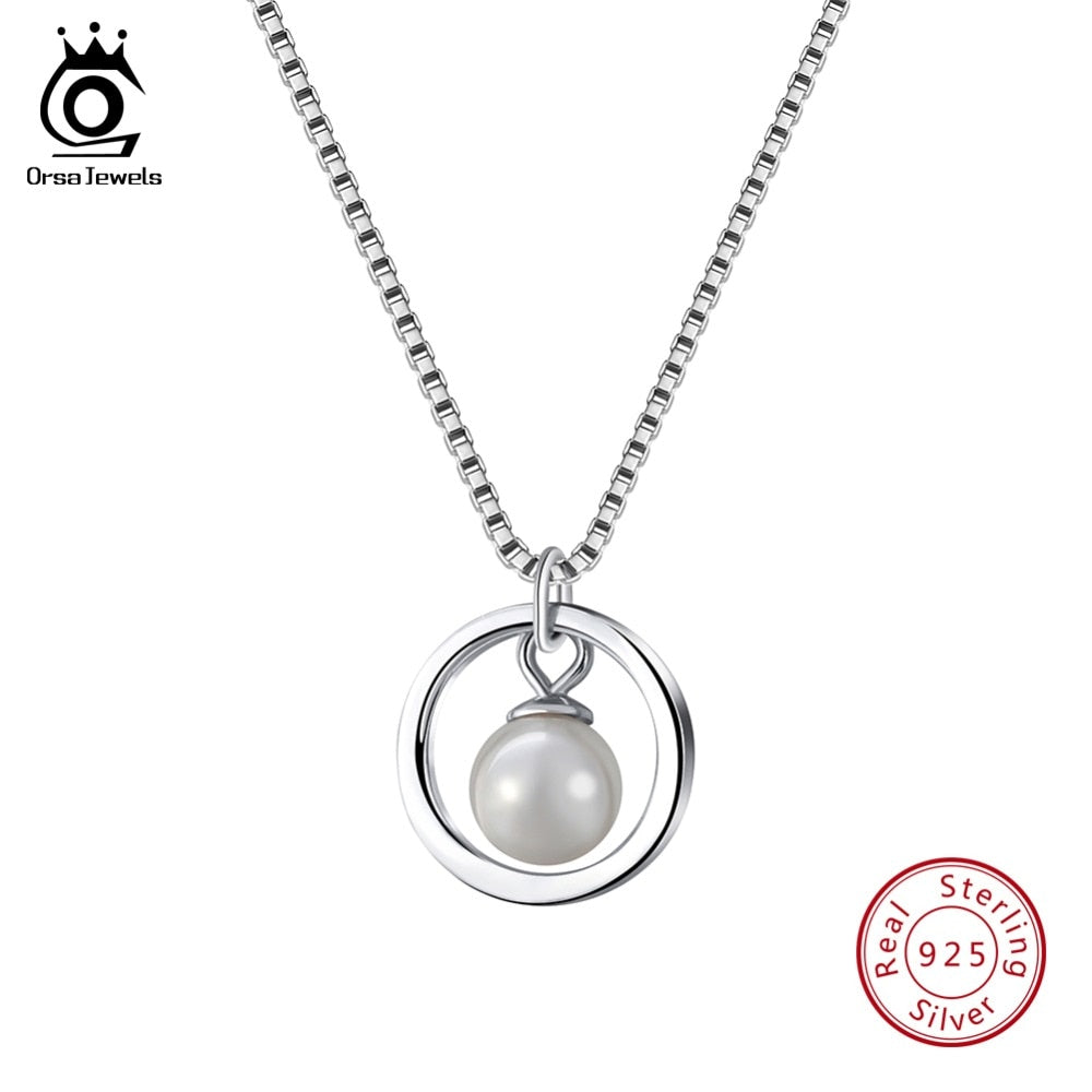 ORSA JEWELS 925 Sterling Silver Necklaces&Pendants For Women Simulated-pearl Round Shape Pendants Fashion Female Jewelry SN86