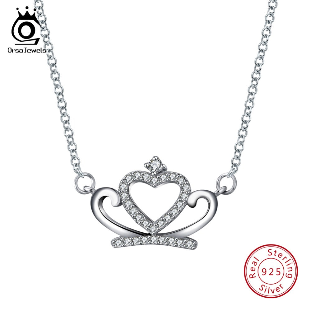 ORSA JEWELS 925 Sterling Silver Female Necklaces AAA Cubic Zircon Heart Crown Shape Pendants Fashion Women Pendant Jewelry SN85
