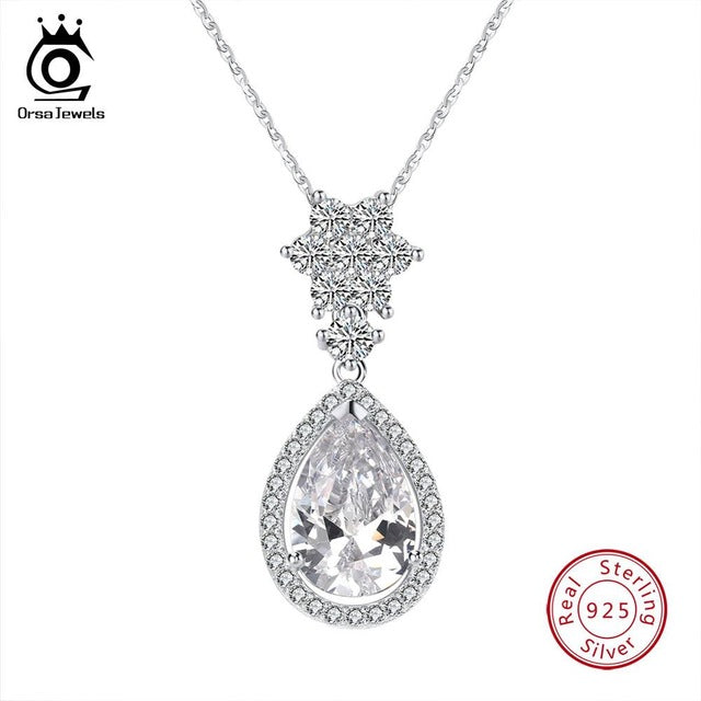 ORSA JEWELS 925 Sterling Silver Necklace For Women Big Water Drop Shape AAA Zircon Pendant Luxury Wedding Party Jewelry SN58