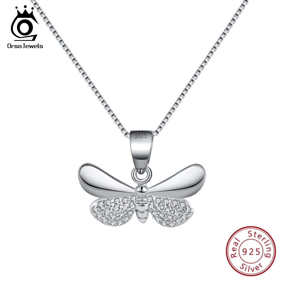 ORSA JEWELS Real 925 Sterling Silver Women Necklaces Silver Gold-color Butterfly shape AAA Zircon Fashion Pendant Jewelry SN89