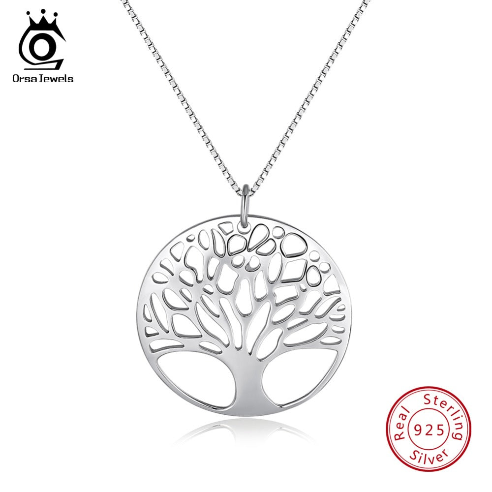 ORSA JEWELS Real 925 Sterling Silver Women Necklaces Perfect Polished Exquisite Tree of Life Pendant Fashion Female Jewelry SN90