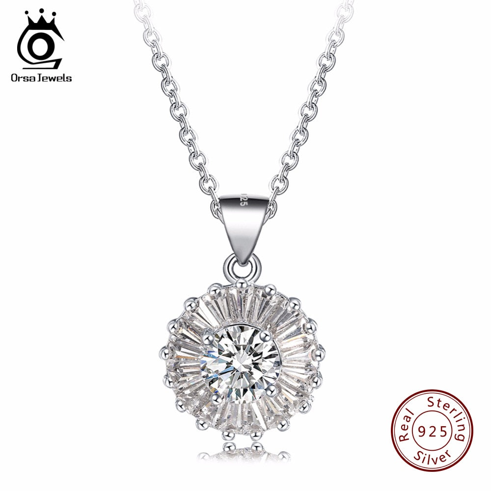 ORSA JEWELS Luxury Real 925 Sterling Silver Round Pendant Necklace with AAA Cubic Zirconia 2018 Fashion Jewels Necklaces SN56