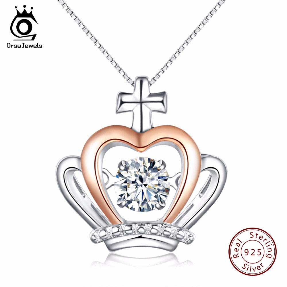 ORSA JEWELS Luxury 925 Silver Crown Pedant Necklaces with Movable CZ Crystal Charm Women Necklace 2018 Precious Girl's Gift SN48