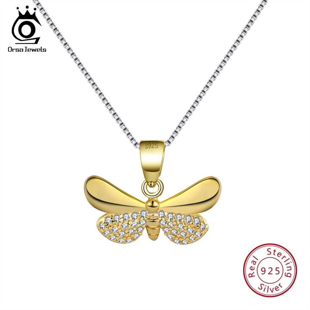 ORSA JEWELS Genuine 925 Sterling Silver Gold-color Necklaces Butterfly shape Pendant AAA Zircon Fashion Jewelry For Women SN89-G