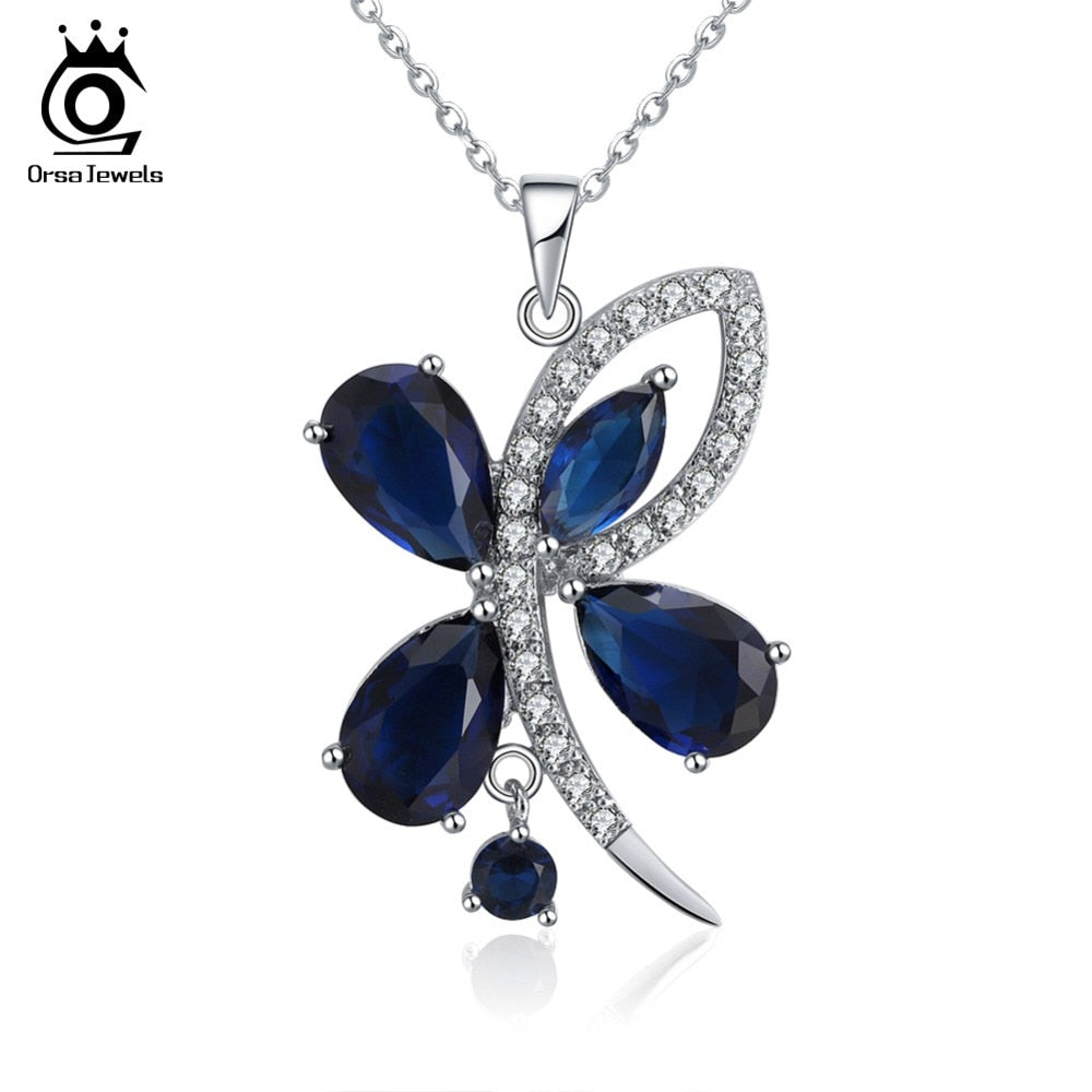 ORSA JEWELS Necklaces & Pendants Women Butterfly AAA Blue Shiny Oval Cutting Zircon Silver Color Party Fashion Jewelry ON140