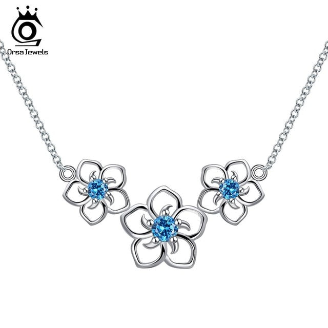 ORSA JEWELS 100% Real Sterling Silver Necklaces For Women 3 PCS Hollowed Flowers With Top-grade Cubic Zircon Female Jewelry SN96