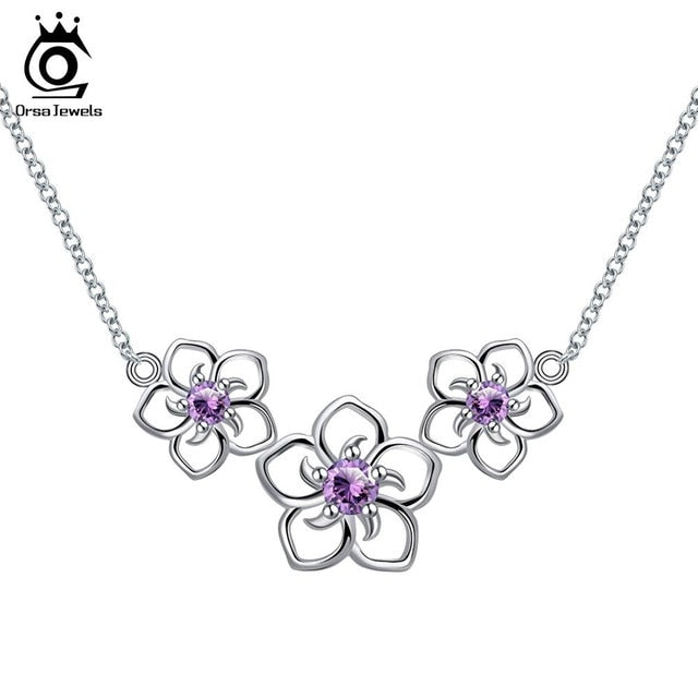 ORSA JEWELS 100% Real Sterling Silver Necklaces For Women 3 PCS Hollowed Flowers With Top-grade Cubic Zircon Female Jewelry SN96