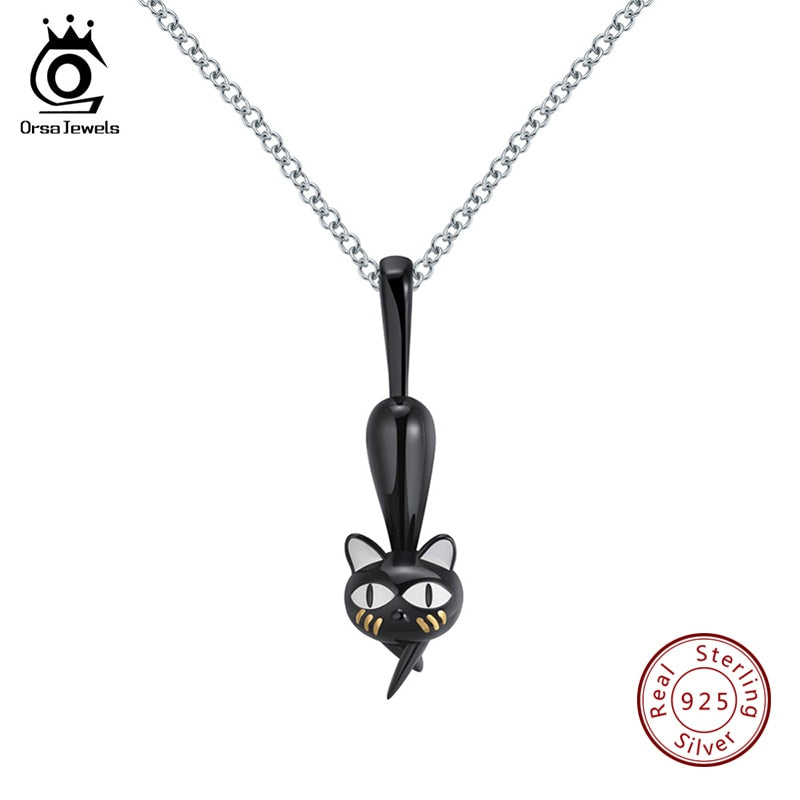 ORSA JEWELS Authentic 100% 925 Sterling Silver Pendant Necklaces Black Gun Cat Hanging Hollowed Walking Cats Necklace Gift SN98