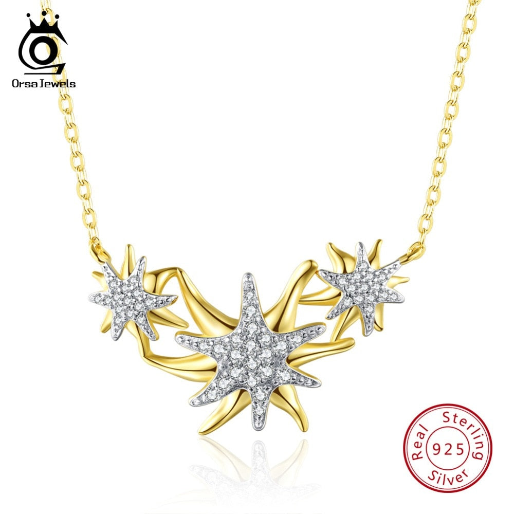 ORSA JEWELS 925 Sterling Silver Women Necklaces And Pendants Gold-color Starfishes Female Wedding Party Luxury Jewelry SN104