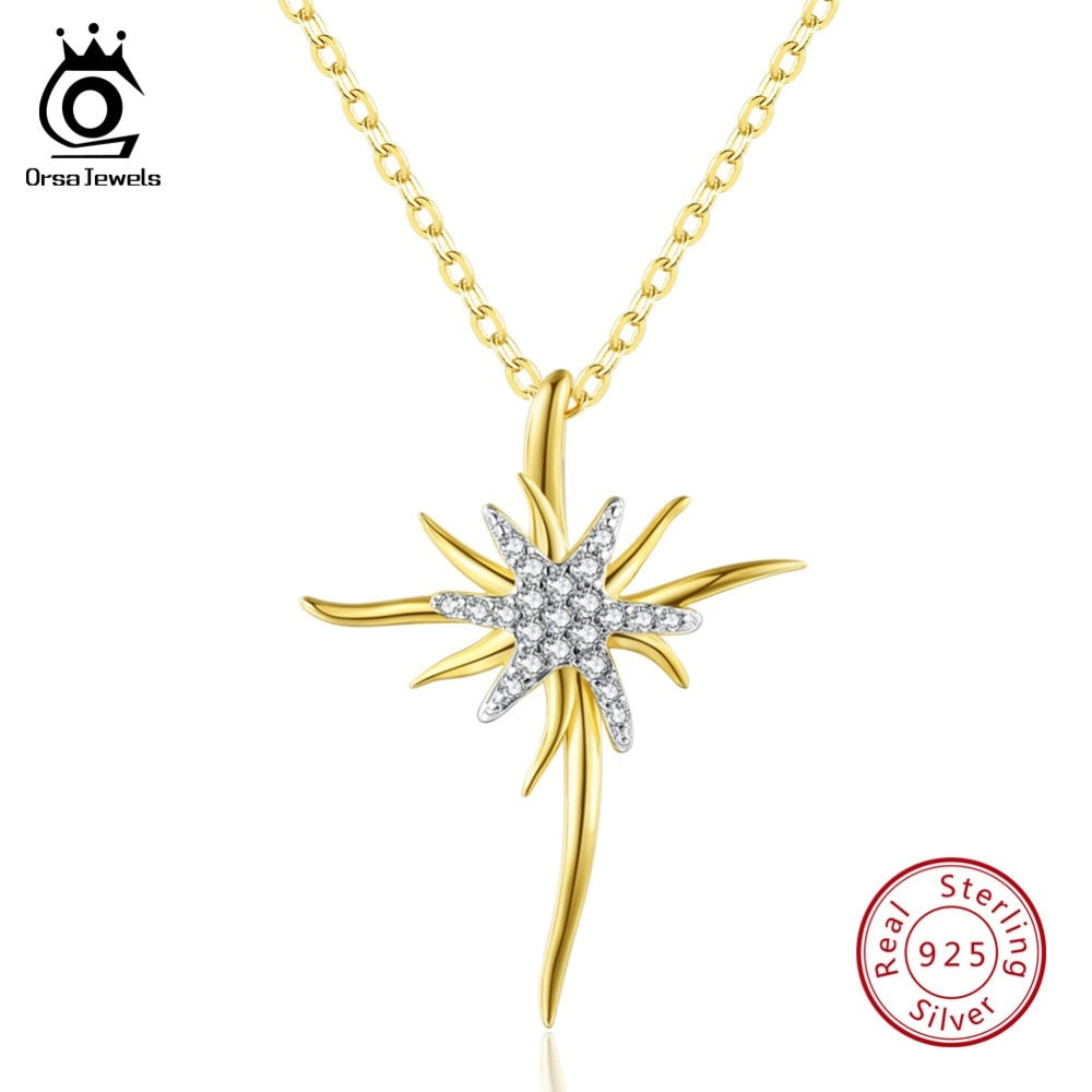 ORSA JEWELS Real 925 Sterling Silver Women Pendants Starfish AAA Shiny CZ Long Big Gold-color Necklace For Female Jewelry SN103